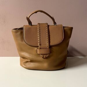 Francesca's Tan Whipstitch Trim Faux Leather Backpack GUC